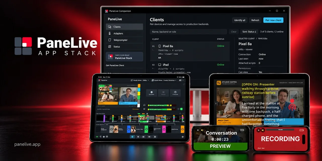 PaneLive Companion on a desktop with PaneLive production controls, teleprompter and tally displays on tablets and phones.