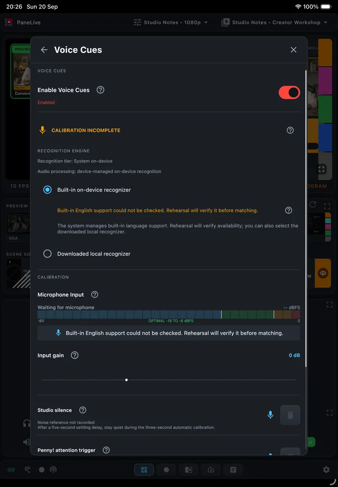 PaneLive Voice Cues settings on a tablet with wake cue calibration and voice macro configuration.