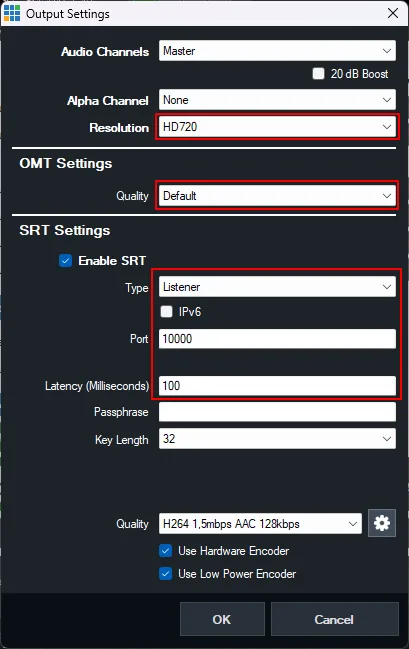 vMix Output 1: HD720, SRT enabled as Listener on port 10000 with 100 ms latency and H264 video.