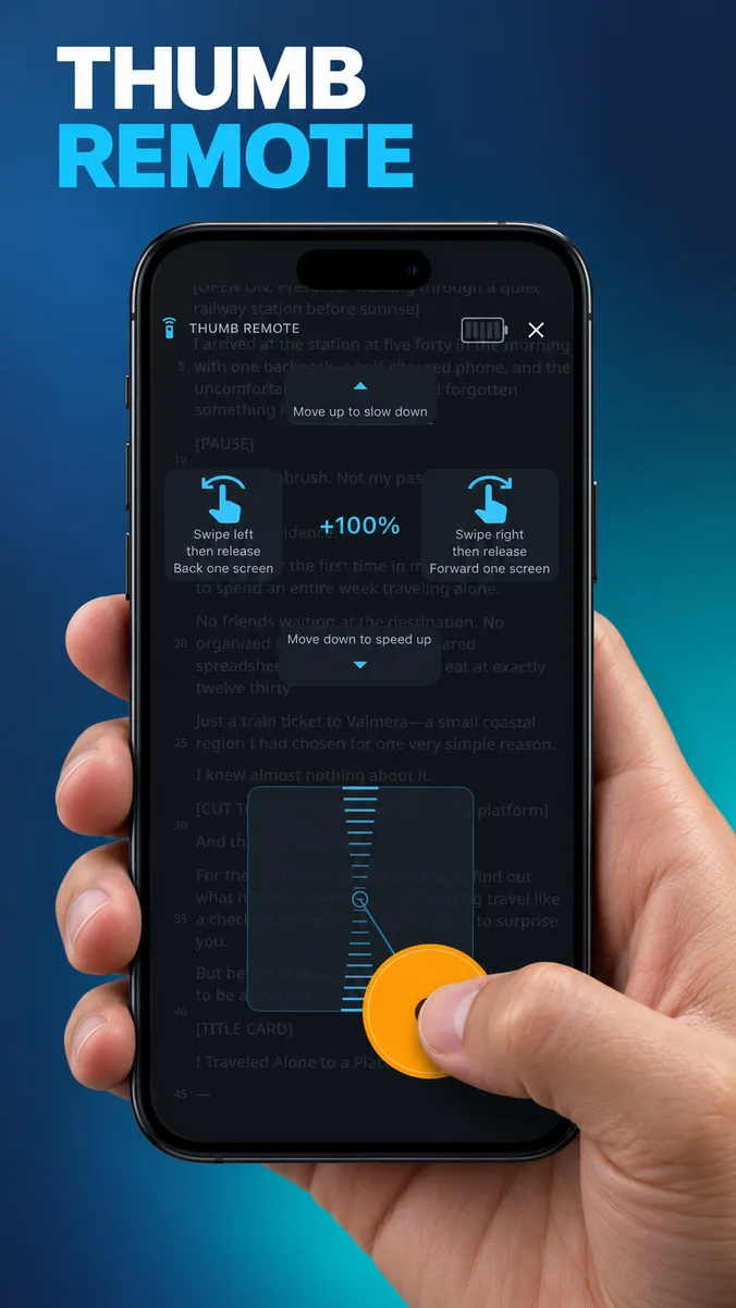 A presenter holding a phone with PaneLive Thumb Remote, using their thumb to control script scrolling.