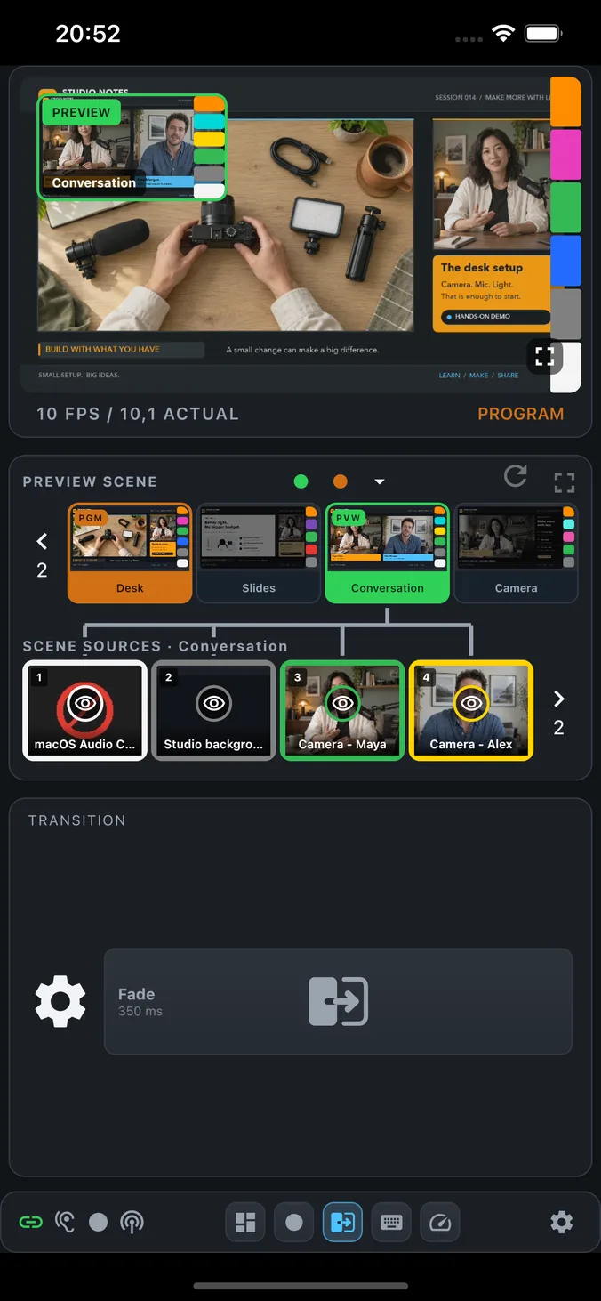Composition deck in PaneLive on iPhone in portrait.