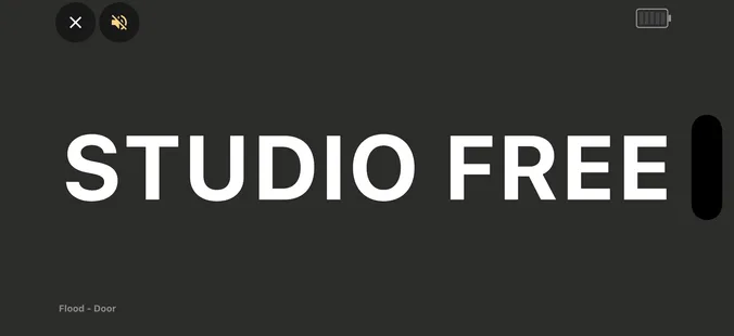 Flood tally with a grey STUDIO FREE door display in PaneLive on an iPhone in landscape.