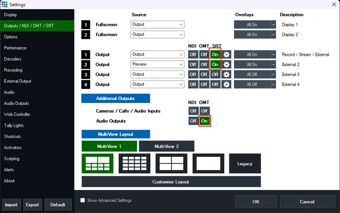 vMix routes Output 1 to Output and Output 2 to Preview with SRT on for both, and enables OMT under Audio Outputs.