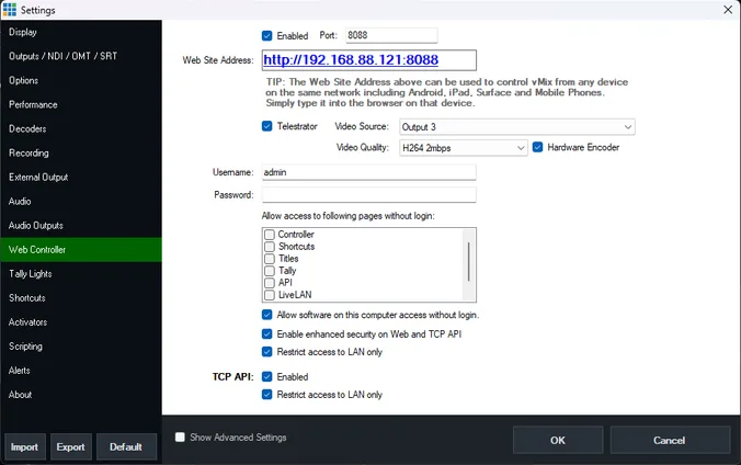 vMix Web Controller enabled on port 8088 with a username and LAN access restrictions.