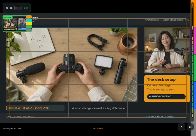 Fullscreen monitor with controls collapsed in PaneLive on iPad Air in landscape.