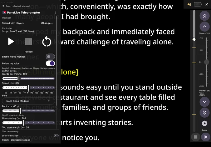 PaneLive Teleprompter Controller with shared playback, speed, voice-follow and text-layout controls beside the script.