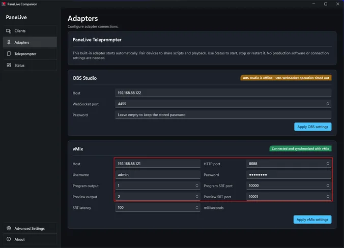 Companion vMix settings: HTTP port 8088, Program output 1 on port 10000, Preview output 2 on port 10001, SRT latency 100 ms.