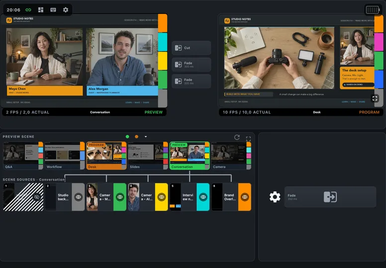 PaneLive Composition deck on a tablet in landscape, showing an OBS Studio production via PaneLive Companion with Program and Preview panels.