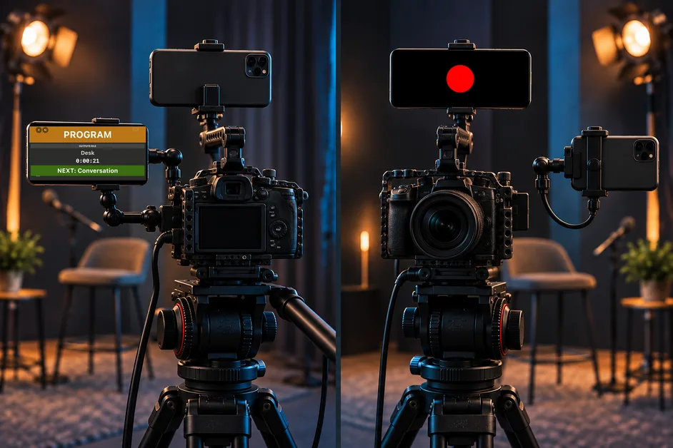 Two views of a GH5-style camera in a cage: a side-mounted landscape phone shows Operator tally to the camera operator, while a top-mounted landscape phone shows a centered red Dot tally to the talent.