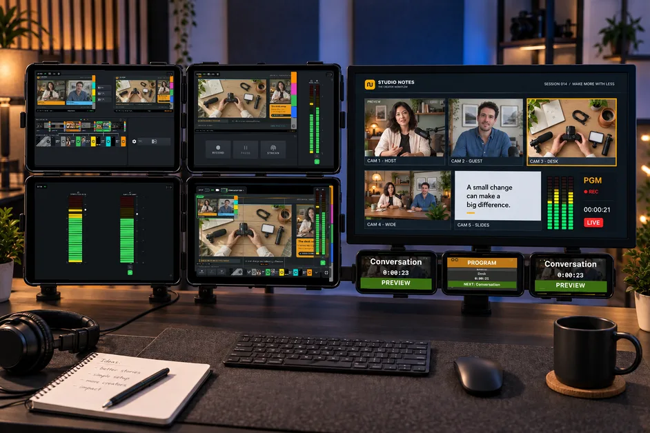 Illustrative studio station with four iPads in a 2×2 mount beside the main monitor and three landscape iPhones showing tally views below it.