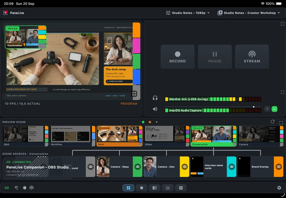 PaneLive connection status view on a tablet showing a paired PaneLive Companion connection with its production software and access role.