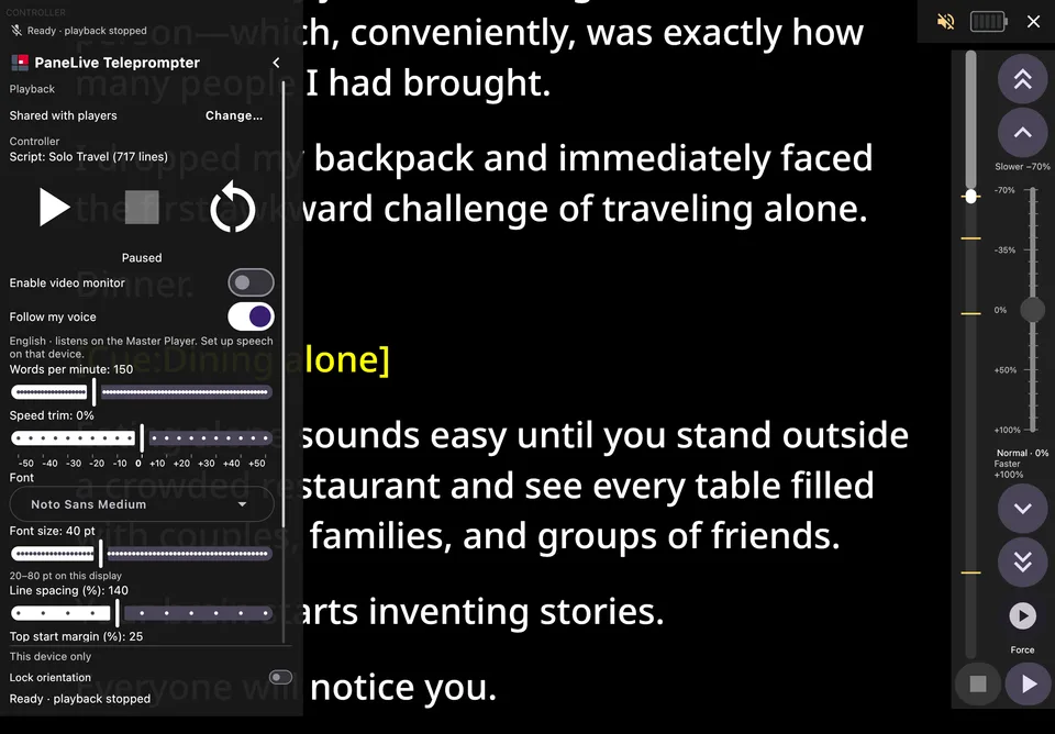 PaneLive Teleprompter Controller with shared playback, speed, voice-follow and text-layout controls beside the script.